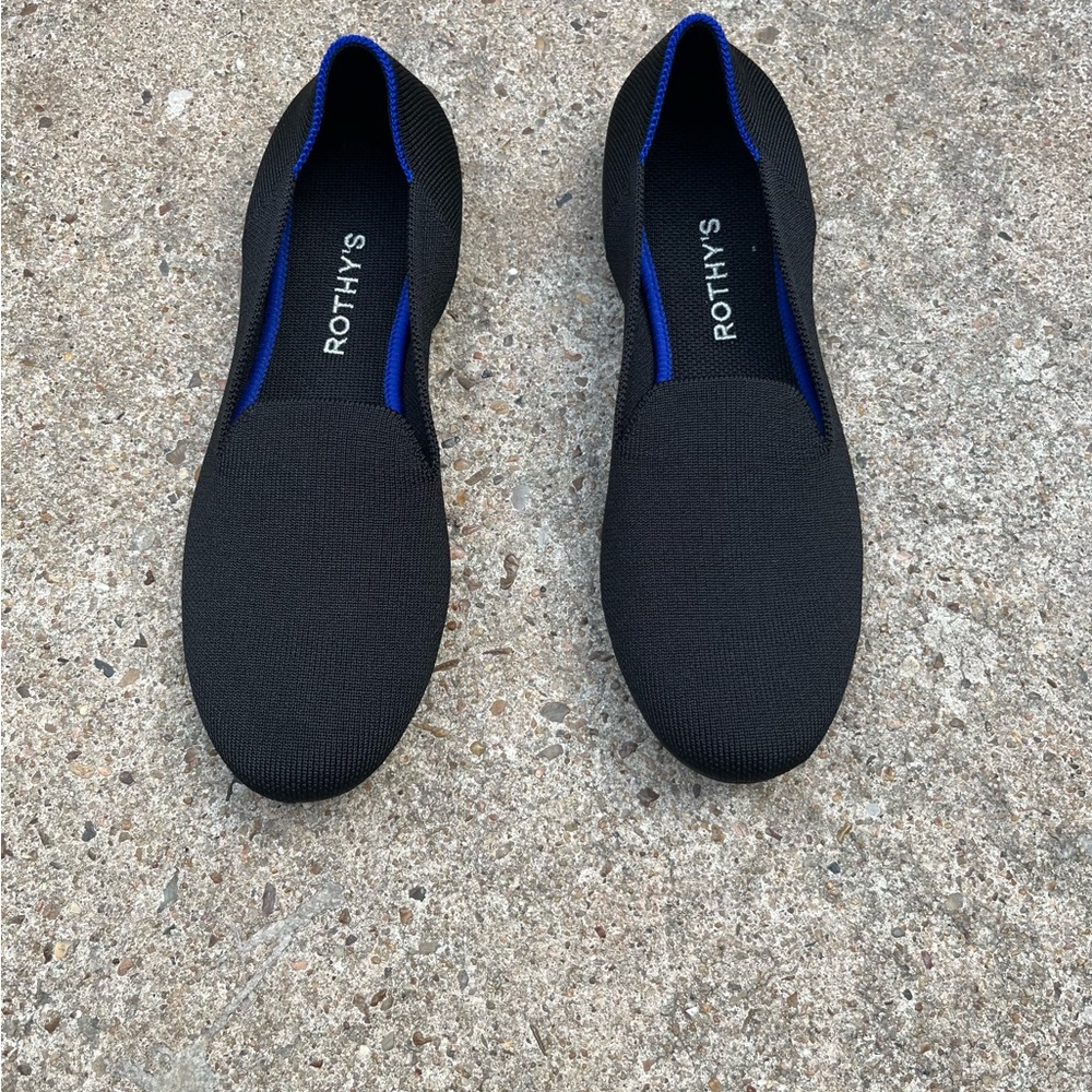 Women Rothy's Black Slip-On Loafers with Blue Trim